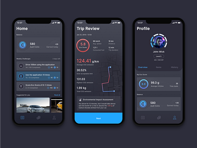 Eco Driving and Rewards App car clean co2 crypto daily challange dark ui driving eco friendly electric car futuristic ios levels mobile app modern nature review rewards ui user profile ux