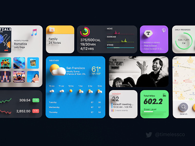 iOS 14 widgets apple calendar calories illustration ios maps music photos run timeless weather widgets