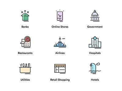 Sector Icons aeroplane airline bank flight government hospital online restaurant shopping stores utilities white house