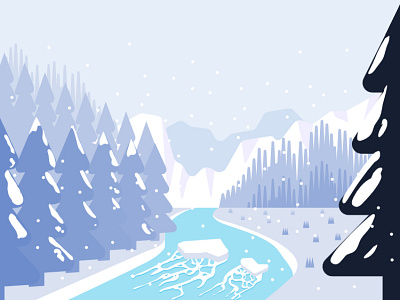 Winter River forest illustration landscape mountain river scenery view winter