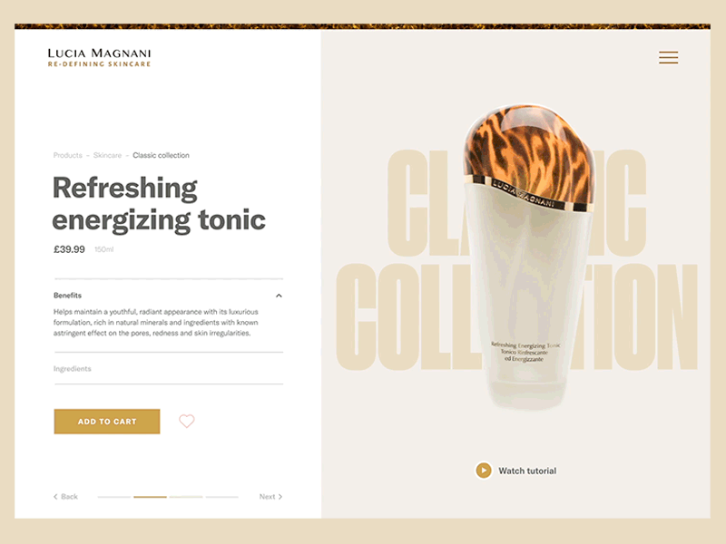 Product Transition animation carousel cosmetics luxury motion property skincare transition typography ui ux