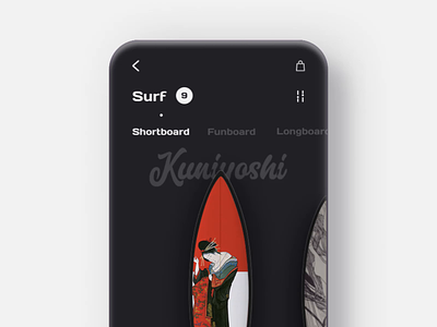 Surf Shopping Interactive Experience 3d animation animation app experience interface gif ios longboard minimal surf surfboard surfing ui ux