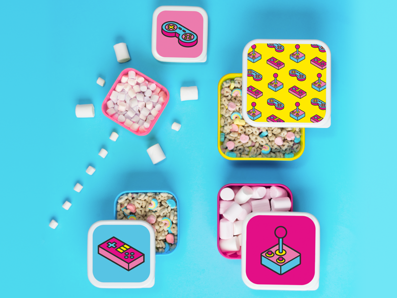 Power Up Collection Lunch Boxes isomatric gaming retro box illustration vector