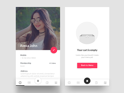 Profile & Cart Details app card cart delivery edit empty food ios menu profile ui ux