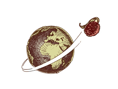 The flying letchi 2d earth fruit hand drawn illustration ink orbit space