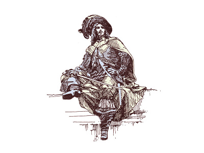 D'ARTAGNAN 2d blue dumas hand drawn illustration ink musketeer needle rotring statue sword