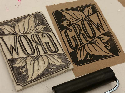 GROW design illustration ink linocut printmaking process test print
