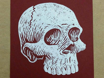 Skull design illustration ink linocut practice printmaking process white