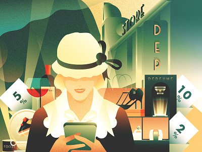 SWALLY Illustration Project - (2) 1930s art deco gradient illustration mobile shopping shopping store swally