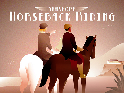 Horseback Riding - Unused Sketching 1930s art deco horseback riding illustration retro seashore hotel vintage