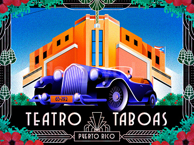 Teatro Taboas (PR) and a classic sports car architecture art deco art deco pattern art deco vibe classic car illustration isometric isometric illustration puerto rico theater vintage