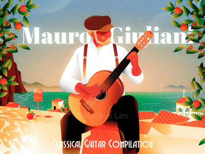 Old man & Mauro Giuliani 1930s aperitif bright classical guitar giuliani illustration italian village italy mood vintage