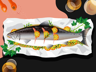 Cooking a whole salmon cuisine fish food illustration procreate salmon