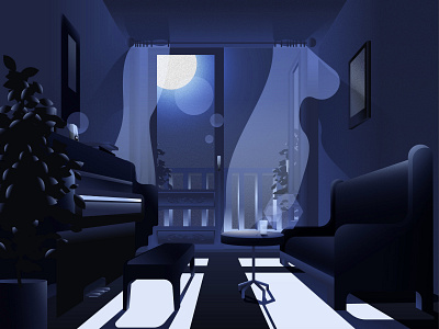 Mood illustration - Moonlight gradient illustration mood illustration moon perspective drawing room shadow