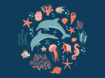 Sea life adobe illustrator design dolphin fish graphic design illustration jellyfish kids poster print sea seahorse summer underwater vector