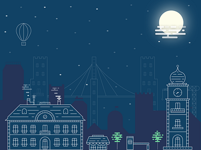 City at night - outline illustration baloon city flat illustration landscape line moon night outline town vector