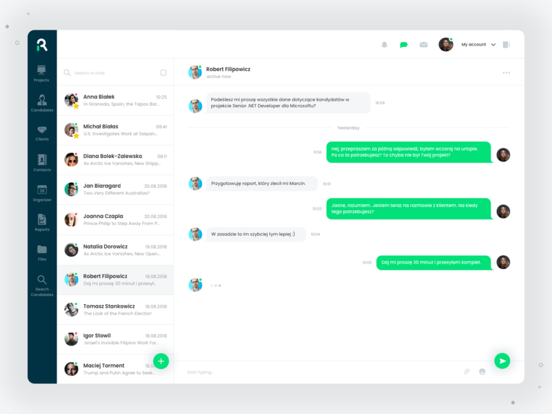 Chat view app applicant tracking software applicant tracking system application ats chat chat app conversation message message app messenger project projects recruiting recruitment ui ux web