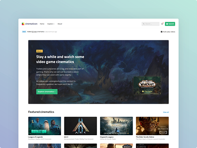 Cinematicon - next iteration with fixed multi-level header clean design gaming ux website