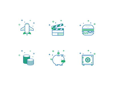 Icon set credit experiments flights food icons investment movies savings style website