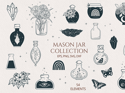 Hand Drawn Celestial Mason Jar Set esoteric tattoo logo floral crescen graphic design
