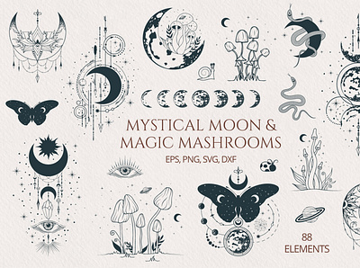 Mystical Moon & Magic Mushrooms Set t sky hand drawn