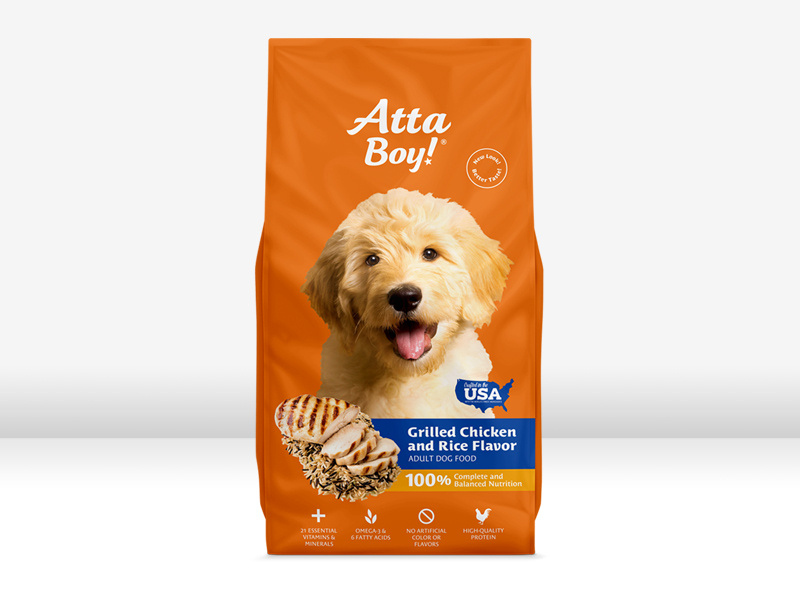 Atta Boy Packaging pet food bag package design chicken and rice canine orange dog pet packaging design atta boy dog food pet food