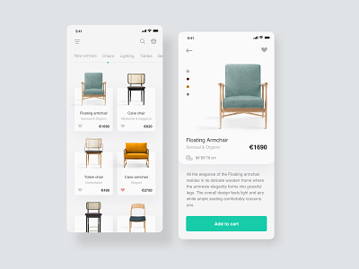 E-commerce app interface app cart chairs design ecommerce furniture minimal product store ui ux