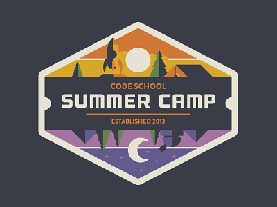 Yo Dawg, I Heard You Like Space (Camp)? badge branding camp code school illustration moon mountain rocket space stars summer sun tent