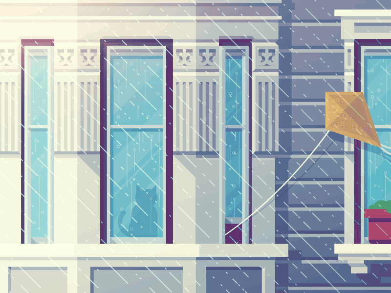 Rainy Day (GIF) building cat gif illustration kite rain rainy storm