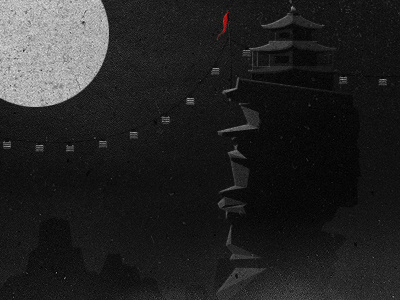 _63 bw cliff dojo flag illustration lanterns mist moon mountain pagoda