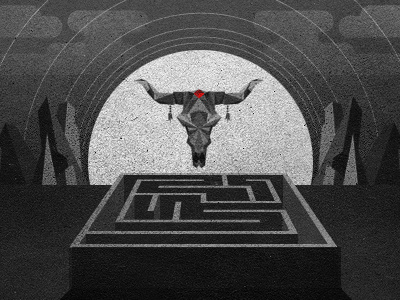 _65 bull bw clouds illustration labyrinth maze minotaur mountain skull