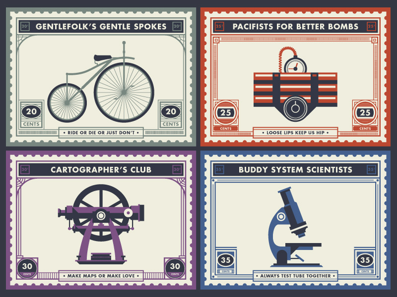 _148 badge stamp microscope bicycle theodolite bomb dynamite science illustration