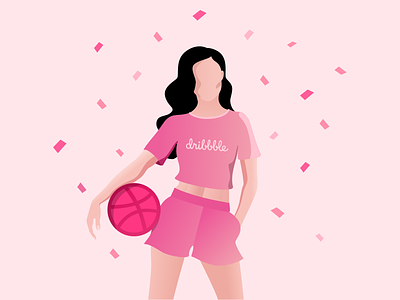 Hello Dribbble basket basketball color confetti dribbble female first shot hello dribbble illustration invites pink woman