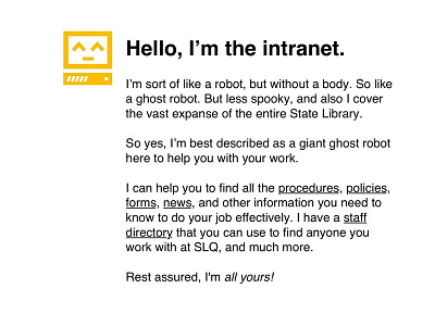 Hello, I'm the intranet. intranet lostcopy mascot