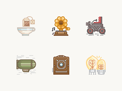 20 century icons / 1900s small browney camera gramophone icon oldsmobile teabag tube vacuum vector vintage web zeppelin