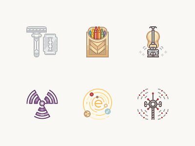 20 century icons / 1900s small_02 crayons icons monoline radiation radio waves relativity safety razor vacuum cleaner