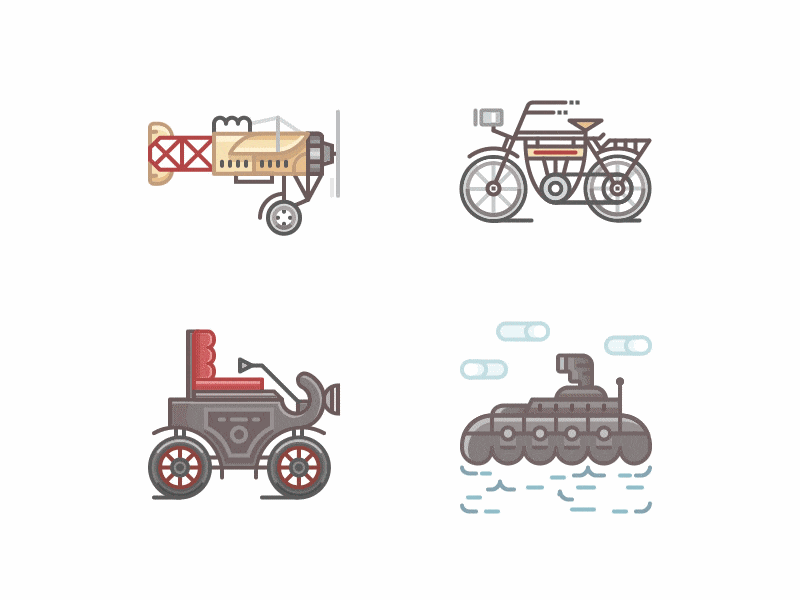 1900s Old time transport Icons Animation bleriot icon animation motorbike oldsmobile submarine vintage transport