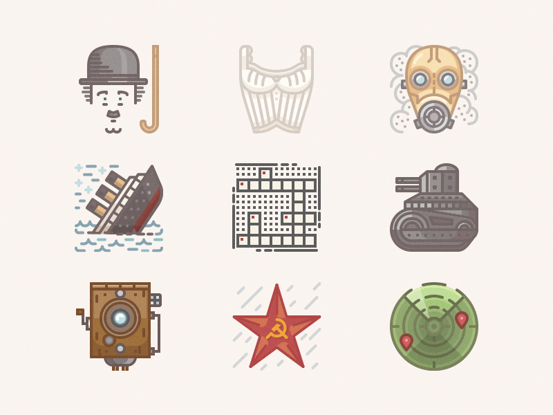Icons from the past 1910 tank crossword bra parvo communism sonar gas mask charlie chaplin titanic icons