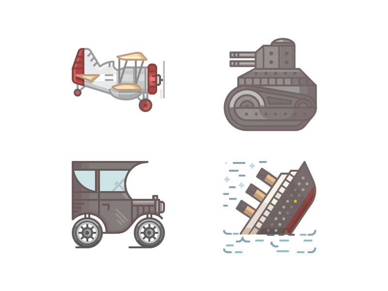 Animated icons from the past. 1910-1920 ford icon set icons oldschool plane tank titanic vintage