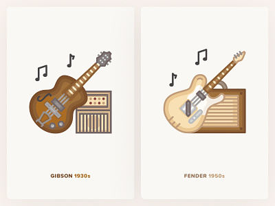 Gibson and Fender Guitarts / History Geek Icons 1930s 1950s adobe illustrator amplifier electric guitar fender gibson icon icons music music app rock music vector