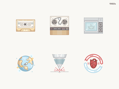 History Geek Icons 1960s 1960s 20century compact cassette heart transplant history geek icon icons laser microwave oven spaceflight vector vector illustration