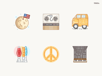 History Geek Icons 1960s -part 2 1960s 20century hippies history geek icons design icons set lavalamp magnetophone minivan moon landing peace synthesizer vector