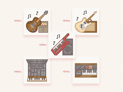 Vintage musical instruments icons / History Geek Set electric guitar fender gibson guitar history geek icons icons set keyboard keytar music musical instruments synthesizer vector yamaha