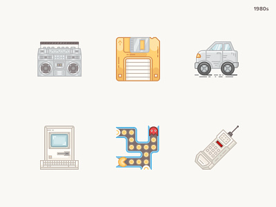 History Geek Icons 1980s 1980s 20 century apple computer boombox floppy disk historical icons history history geek hybrid car icons icons set pacman technology icons vintage computer vintage mobile