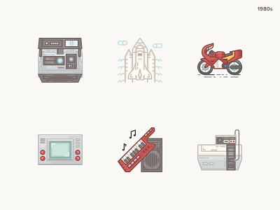 History Geek Icons 1980s part 2 1980s 20 century bike handheld game history history geek icon set icons keytar polaroid shuttle snes technology icons vintage console