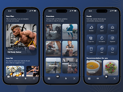 SC - Workout Mobile App blue dark blue dark color branding calisthenic clear dark healthy food inner shadow iphone iphone 14 pro mobile app mobile design ui uiux ux workout workout mobile app workout mobile design