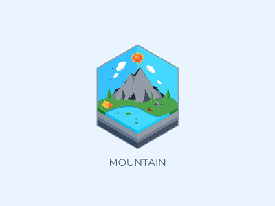 Isometric : Mountain camp cloud grass illustration isometric mountain nature sun tree vector