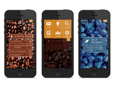 Smoothie Buddy App (concept & design) app blueberry checklist coffee coffee bean cream overlay fruit futura icons iso minimal orange osx photography simplistic smoothie