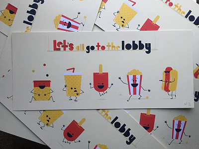 Let's all go to the lobby print candy food hotdog illustration popcorn poster snacks soda theater