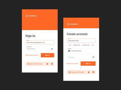 SIENGE: Sign In & Sign Up app create account form forms mobile orange register sign in sign in form sign in screen sign in ui sign up sign up form